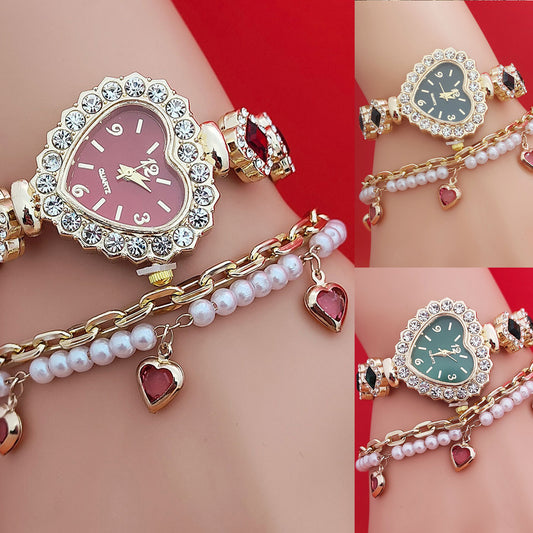 Fashion Love Shape Bracelet Watch Set Diamond Colored Heart
