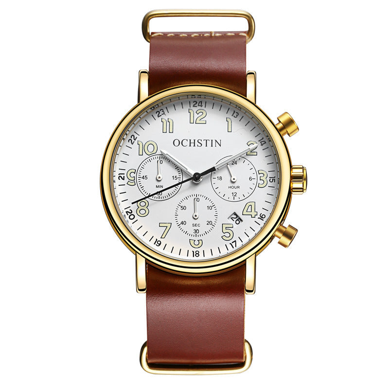 Multi-function three-eye calendar quartz watch