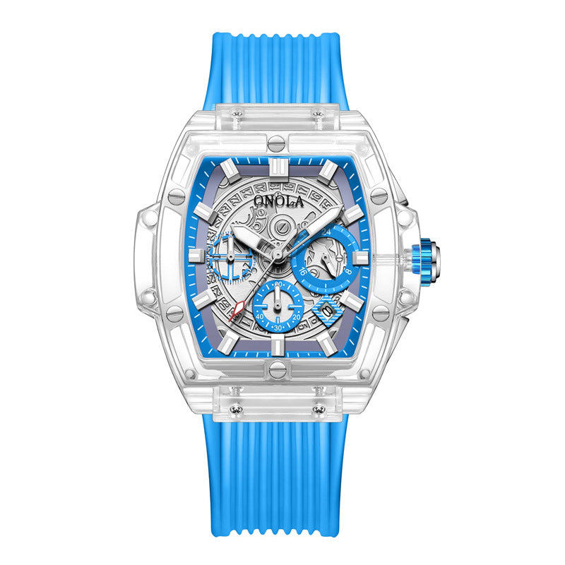 Luminescent men's watch with transparent case