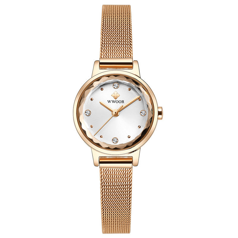 WWOOR women's quartz watch with mesh belt