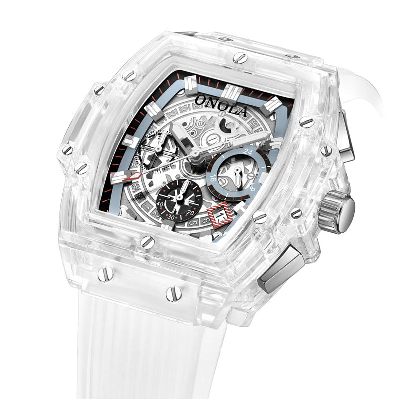 Luminescent men's watch with transparent case