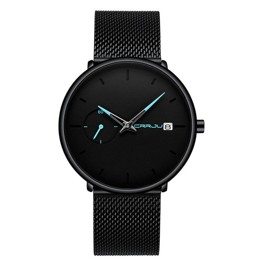 Men's minimalist analog quartz date bracelet watch with Milan stainless steel mesh belt