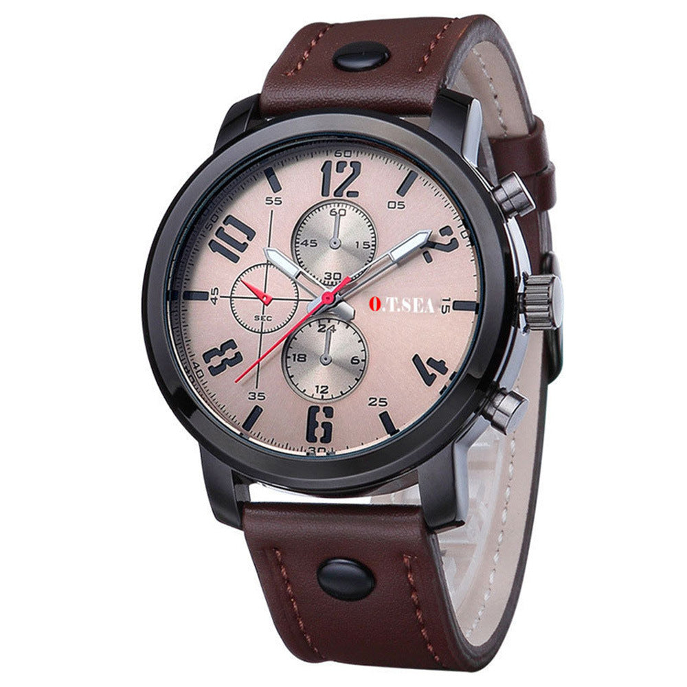 Men's fake three-eye strap watch quartz watch