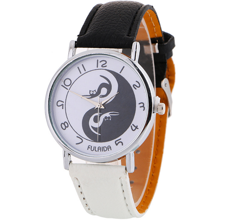 Women watch Yin-Yang Cute Cat Printed Faux Leather Band