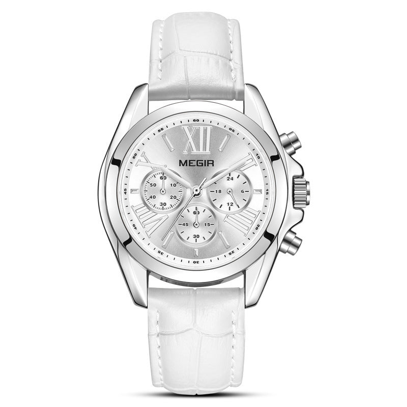 Brand multi-function chronograph leather quartz watch