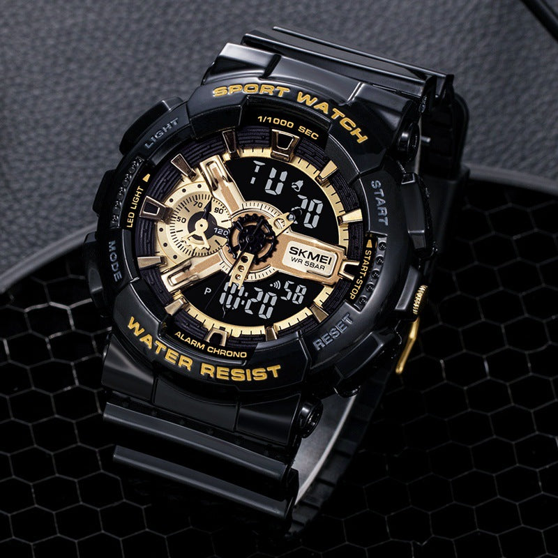 Classic Black Gold Sports Fashion Double Display Student Electronic Watch