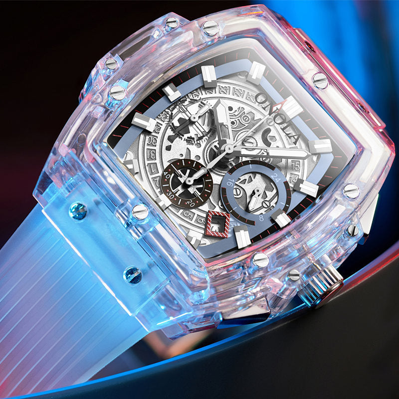 Luminescent men's watch with transparent case