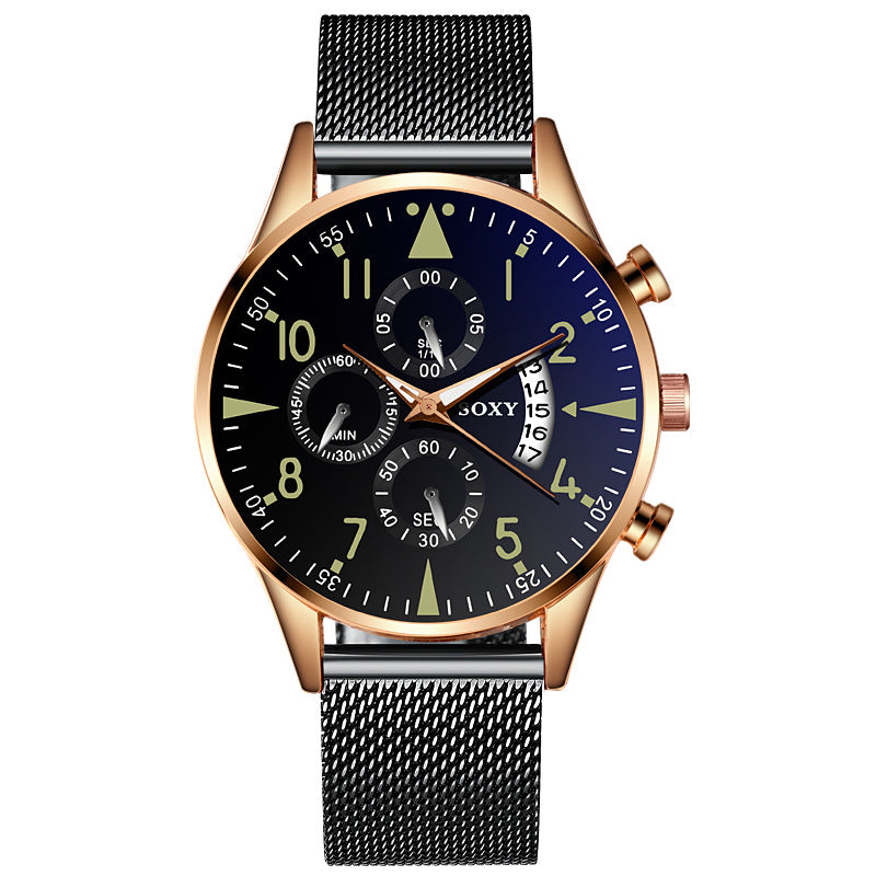 Three Eyes Dial Calendar Men's Mesh Strap Watch