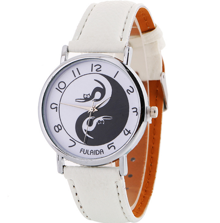 Women watch Yin-Yang Cute Cat Printed Faux Leather Band