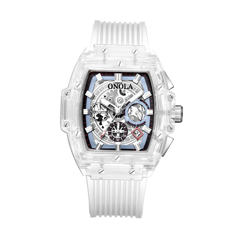 Luminescent men's watch with transparent case