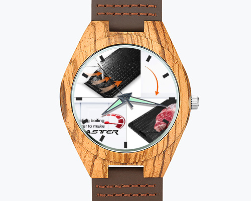 Men's Engraved Wooden Photo Watch Brown Leather Strap 45mm