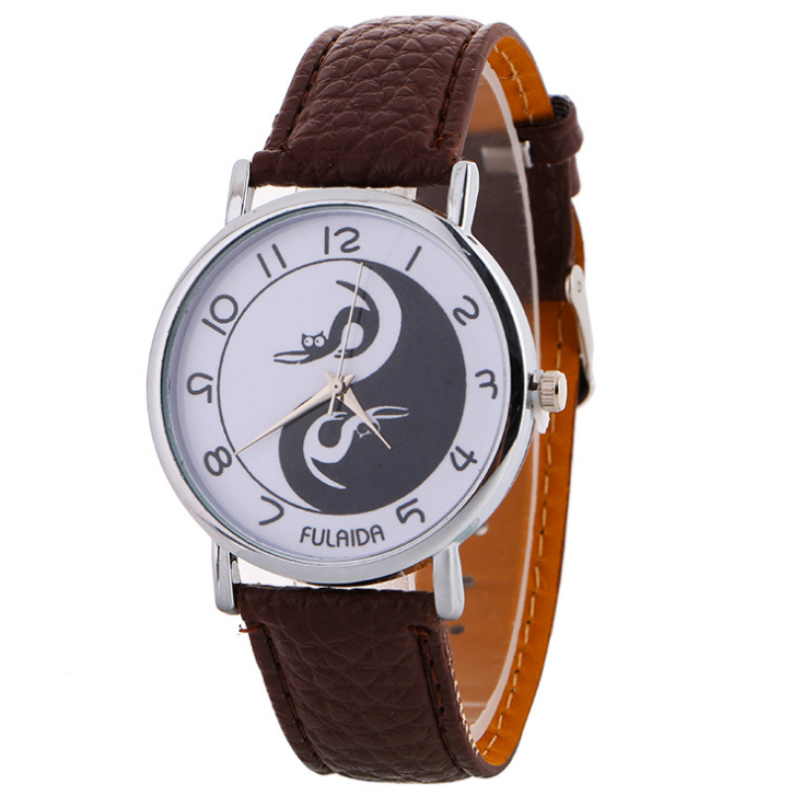 Women watch Yin-Yang Cute Cat Printed Faux Leather Band