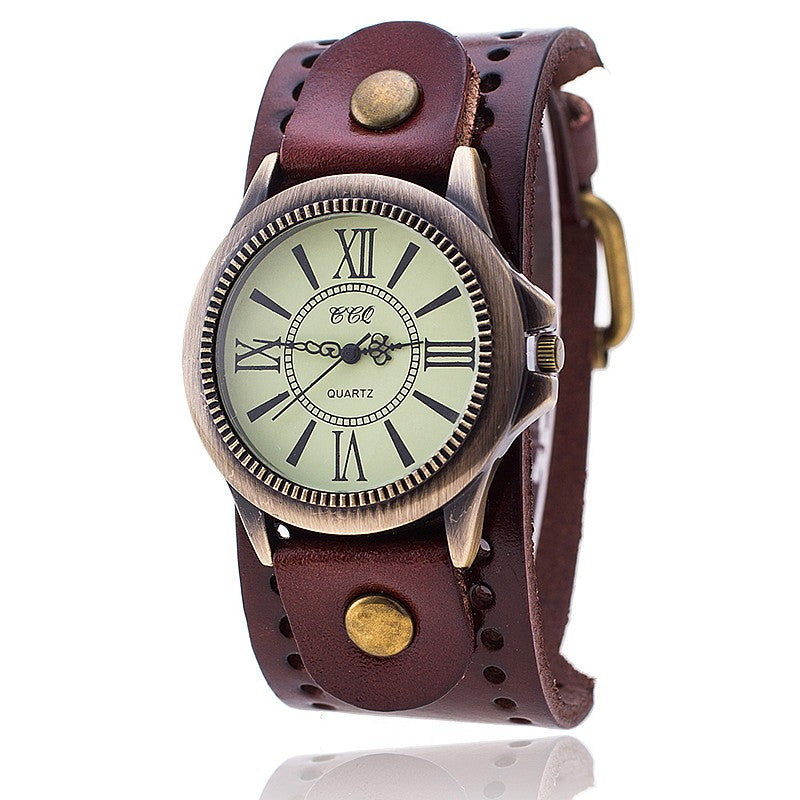 Genuine Leather Retro Roman Literal Watch