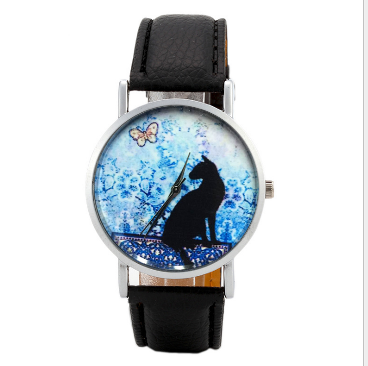 Watch Women Quartz Clock Women Brand Fashion Print Cat Pattern