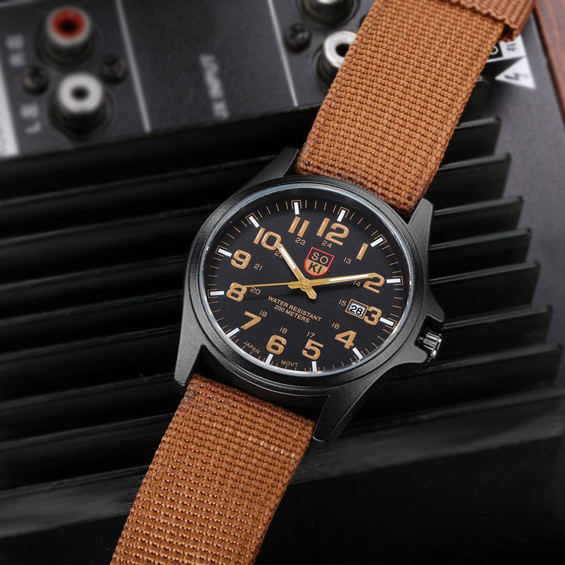 Men's calendar sports quartz watch with braided nylon strap