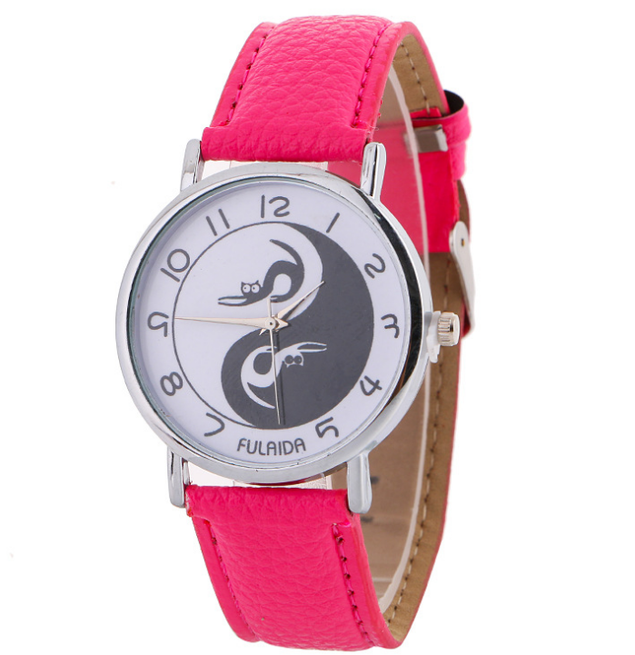 Women watch Yin-Yang Cute Cat Printed Faux Leather Band