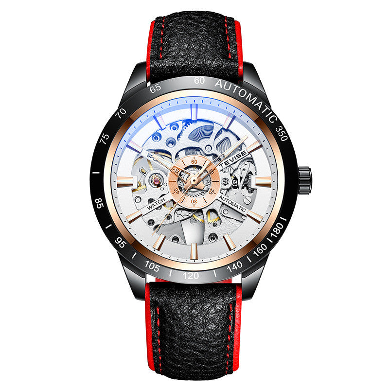 Men's Leather Hollow Mechanical Watch