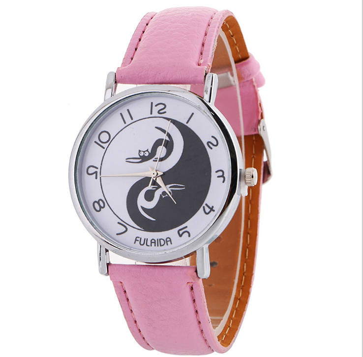 Women watch Yin-Yang Cute Cat Printed Faux Leather Band