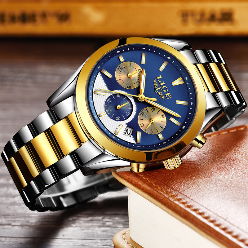 Casual Fashion Trend Double-eye Multi-function Luminous Steel Belt Watch