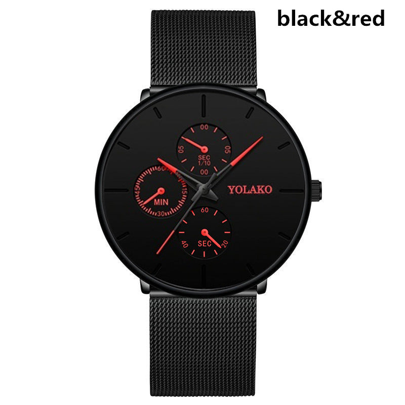 Foreign Trade Hot Sale Men's Alloy Mesh Strap Watch Fake Three-eye Three-needle