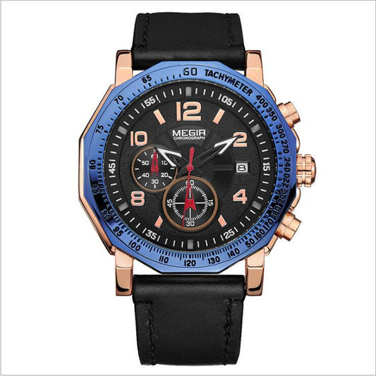 Leather Men's Quartz Watch Multi-function Chronograph Waterproof Sports Watch