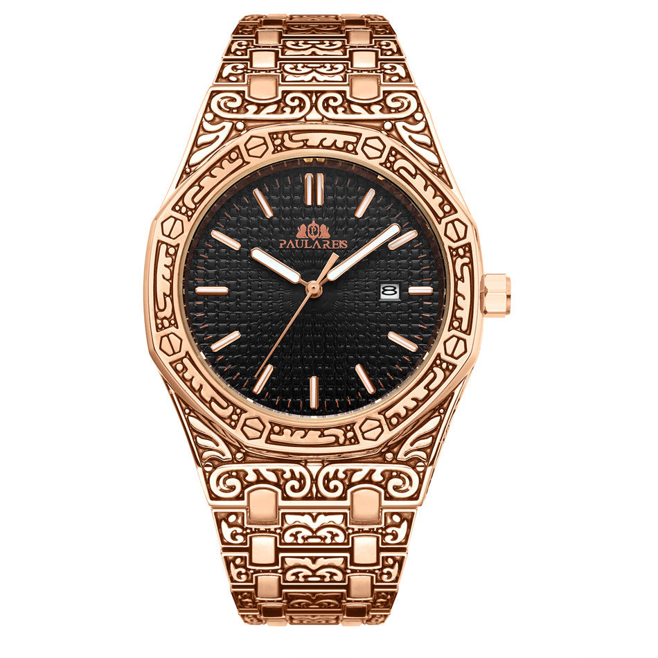 PAULAREIS Quartz Carved Oak Calendar Luminous Men's Watch