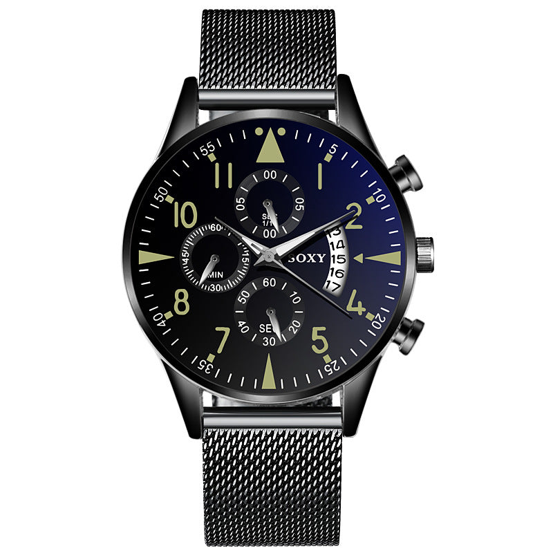 Three Eyes Dial Calendar Men's Mesh Strap Watch