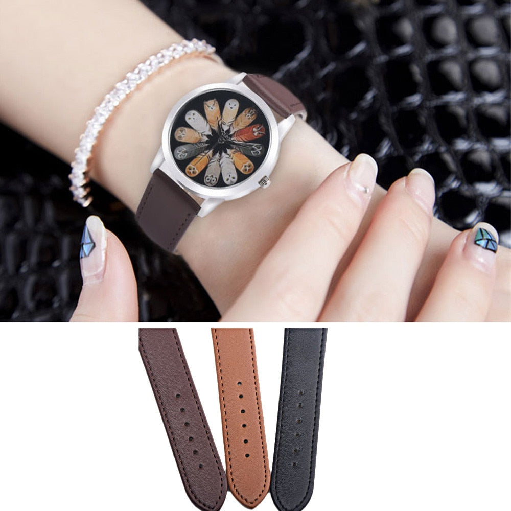 Fashion Student Quartz Cute Owl Feather Watch