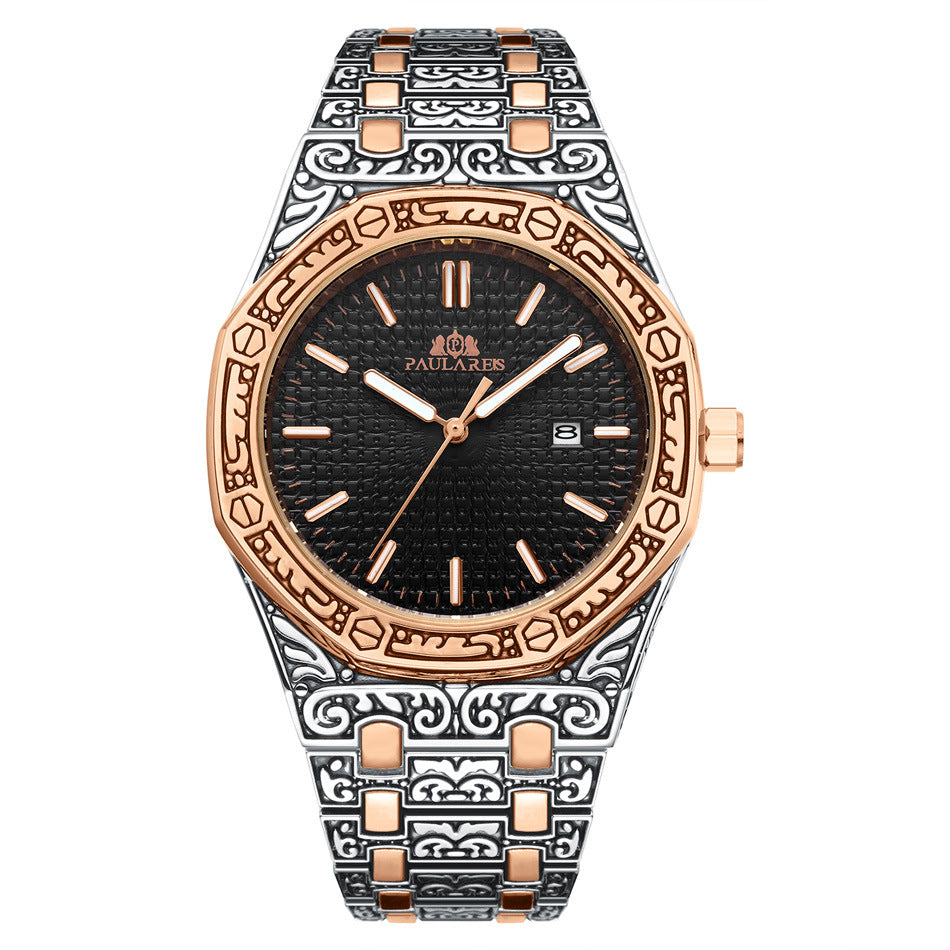 PAULAREIS Quartz Carved Oak Calendar Luminous Men's Watch