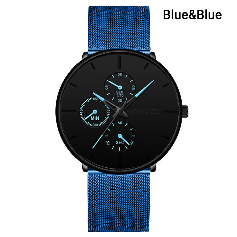 Foreign Trade Hot Sale Men's Alloy Mesh Strap Watch Fake Three-eye Three-needle