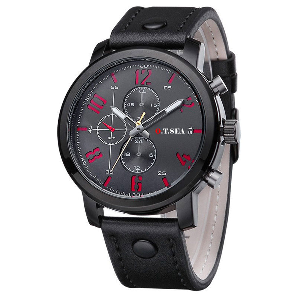 Men's fake three-eye strap watch quartz watch