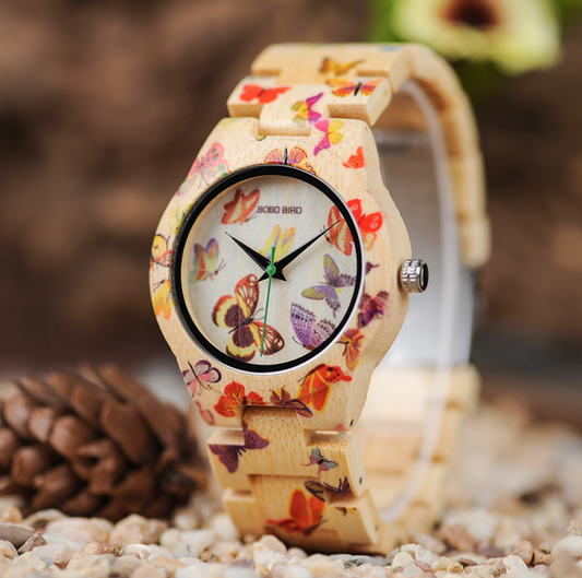 BOBO BIRD O20 Butterfly Print Women Watches All Bamboo Made Quartz Wristwatch for Ladies in Wooden Gift Box