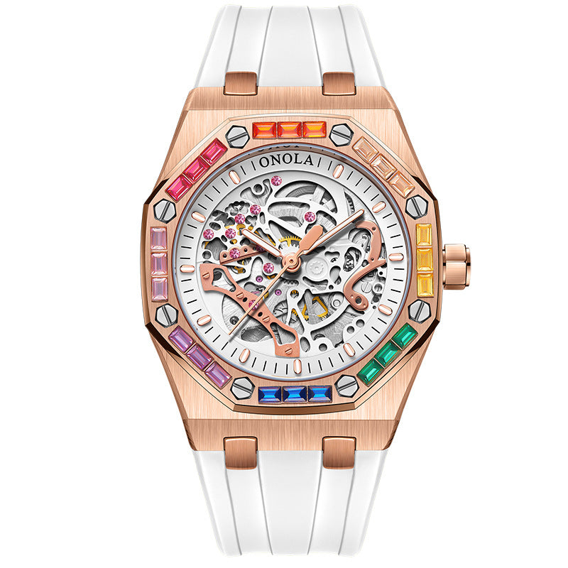 Men's Silicone Band Rainbow Diamond Automatic Mechanical Watch