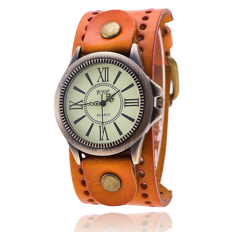 Genuine Leather Retro Roman Literal Watch