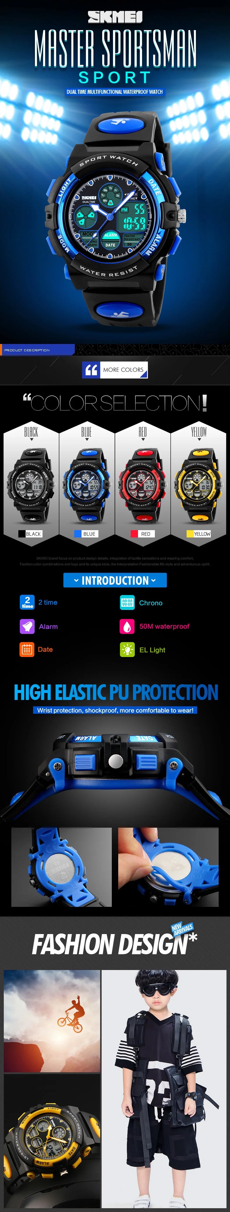 SKMEI Back Light Dual Time Display Sports Kids Watches