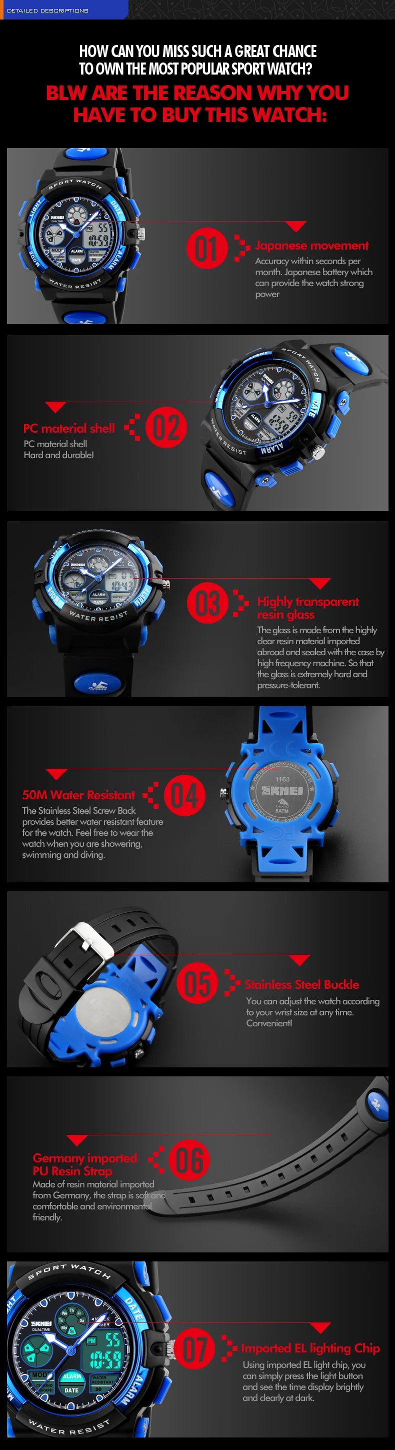 SKMEI Back Light Dual Time Display Sports Kids Watches