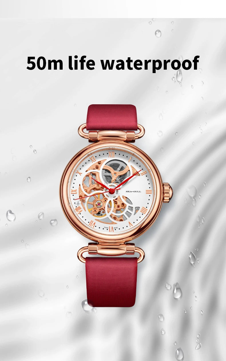 Fashion Women's Watch Leather Strap Waterproof Skeleton Automatic