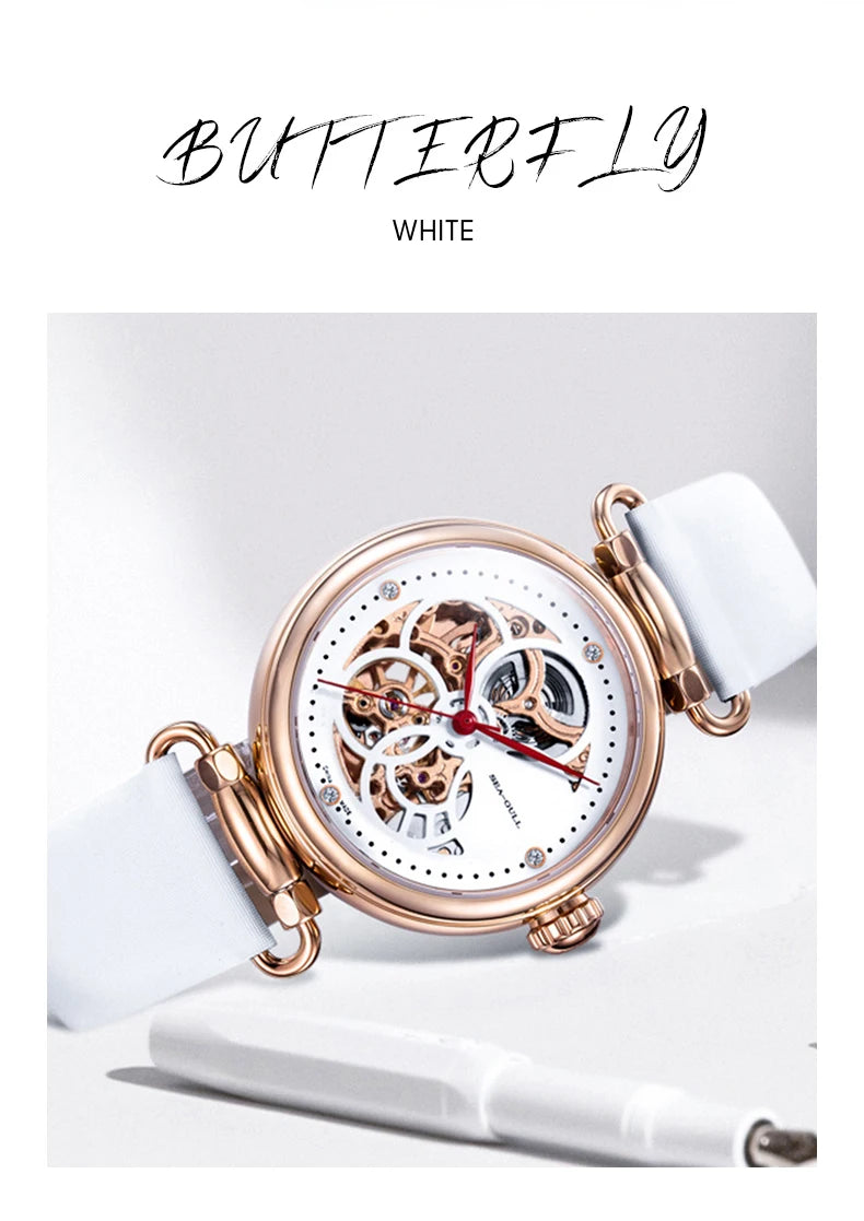 Fashion Women's Watch Leather Strap Waterproof Skeleton Automatic