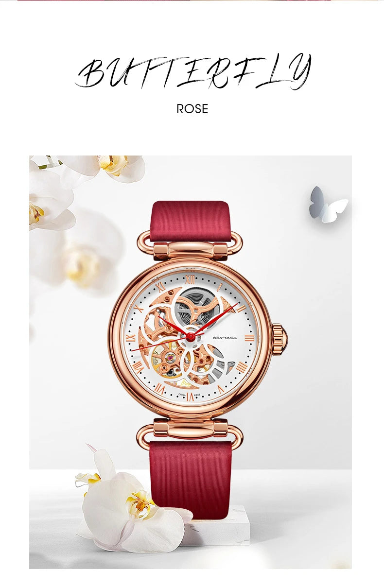 Fashion Women's Watch Leather Strap Waterproof Skeleton Automatic