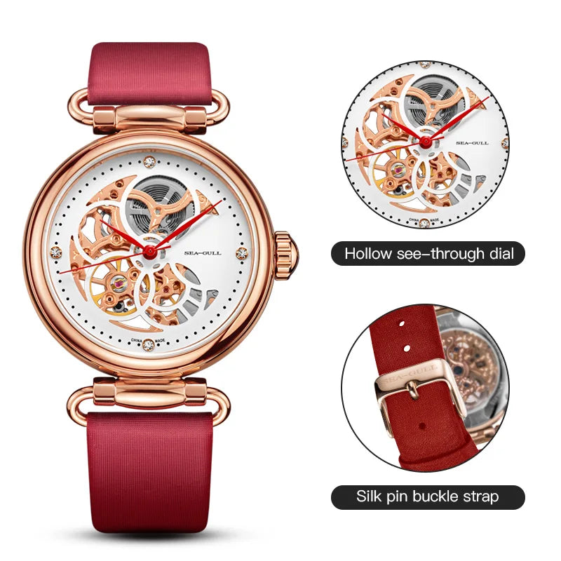 Fashion Women's Watch Leather Strap Waterproof Skeleton Automatic