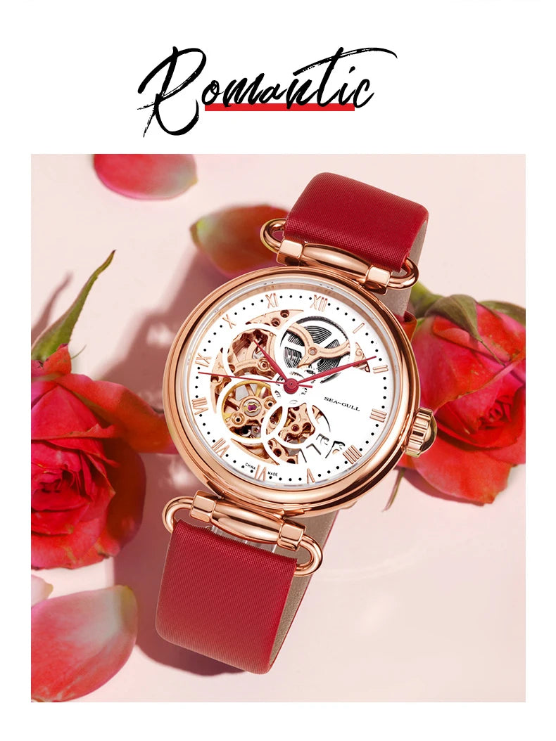 Fashion Women's Watch Leather Strap Waterproof Skeleton Automatic