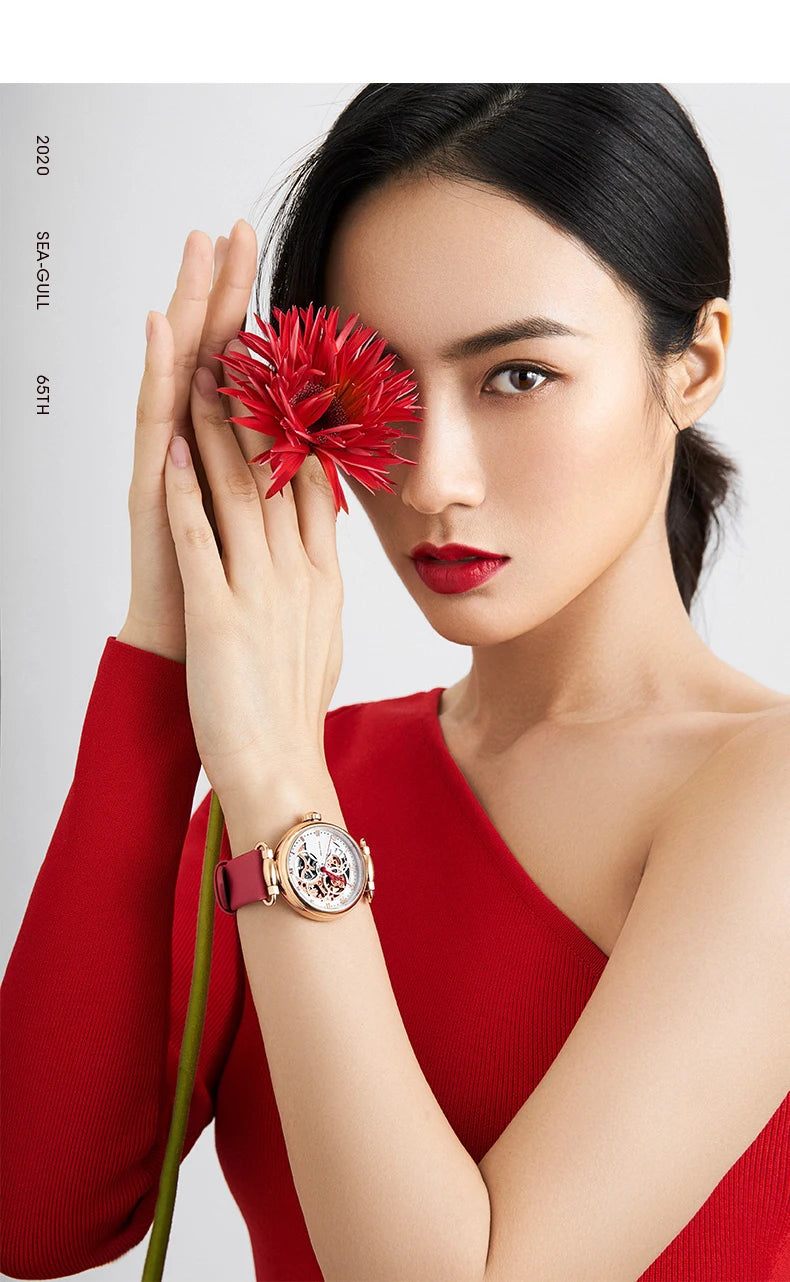 Fashion Women's Watch Leather Strap Waterproof Skeleton Automatic