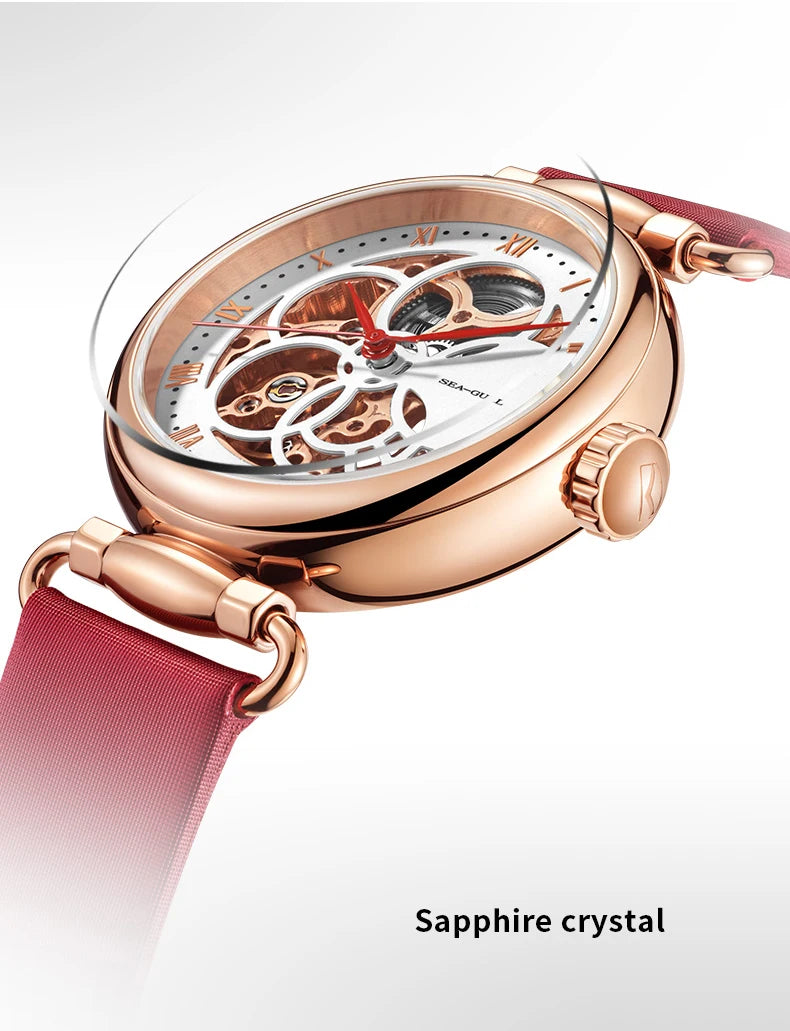 Fashion Women's Watch Leather Strap Waterproof Skeleton Automatic