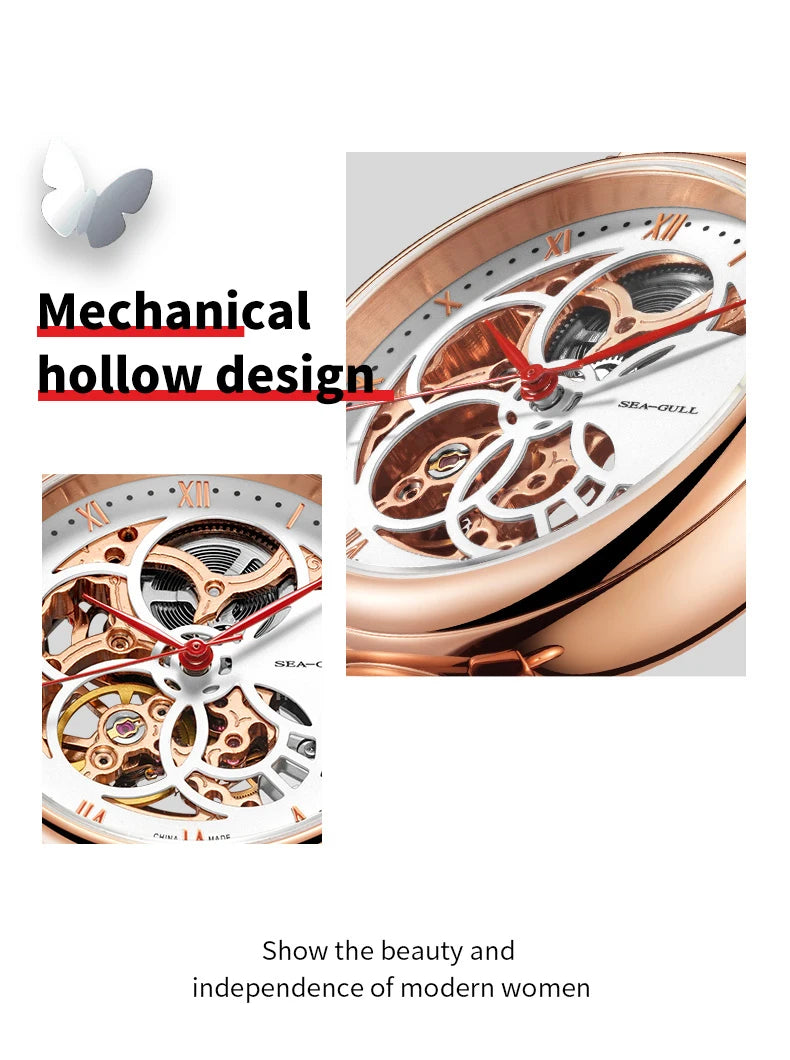 Fashion Women's Watch Leather Strap Waterproof Skeleton Automatic