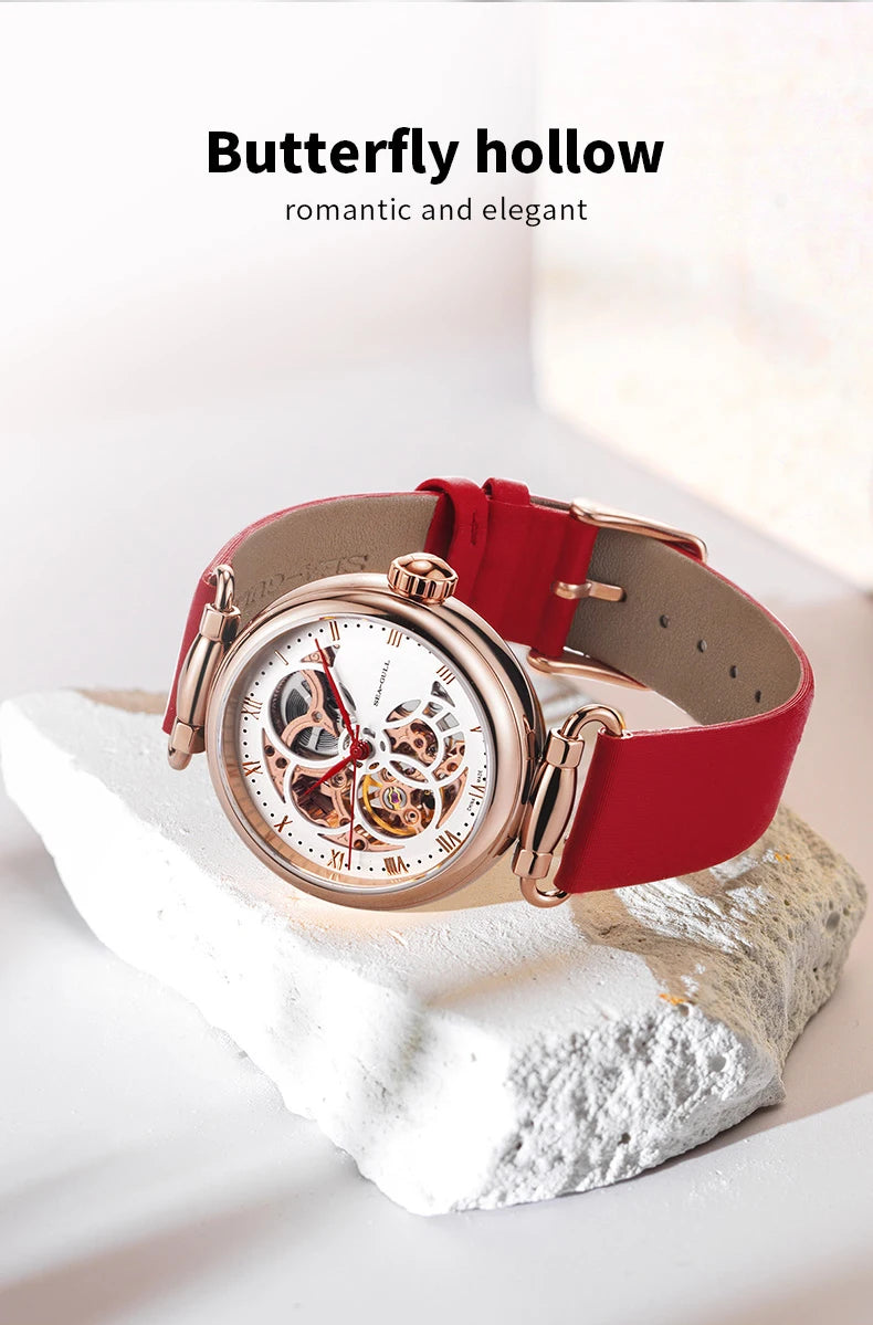 Fashion Women's Watch Leather Strap Waterproof Skeleton Automatic
