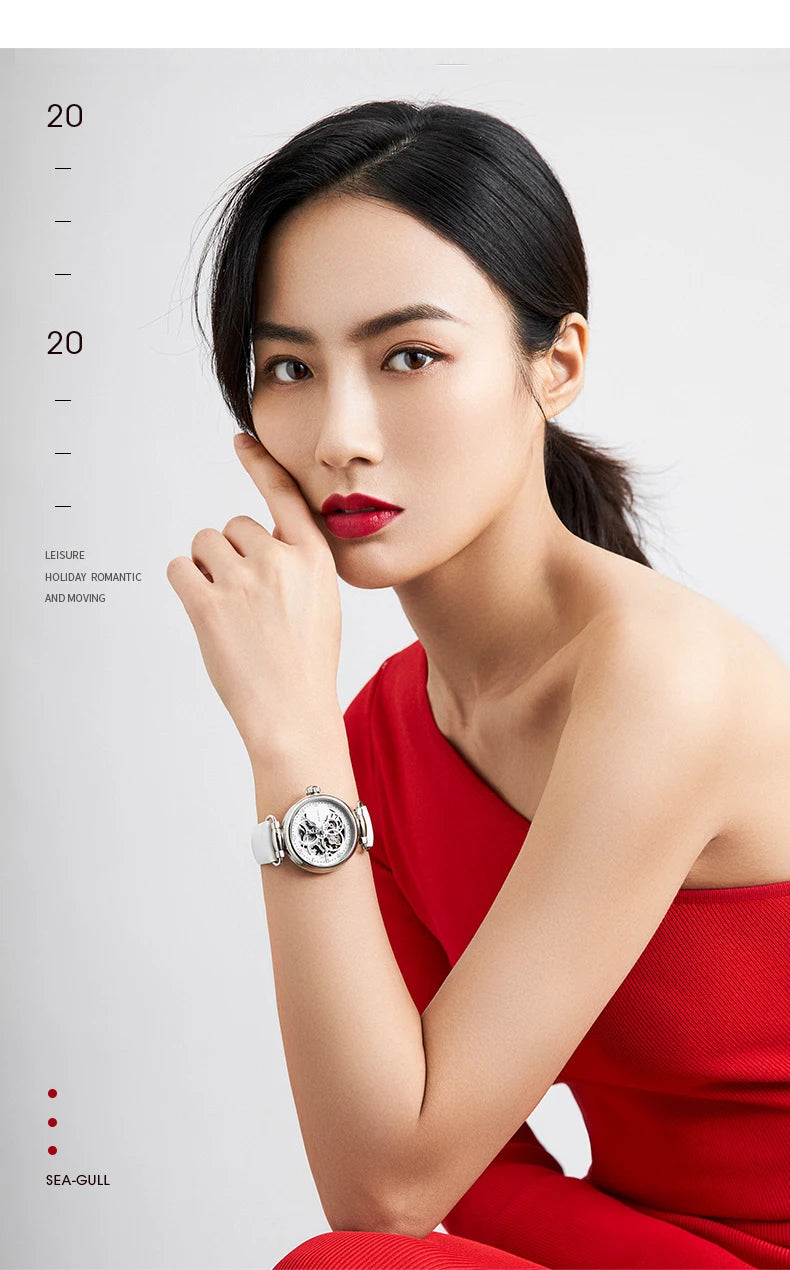 Fashion Women's Watch Leather Strap Waterproof Skeleton Automatic