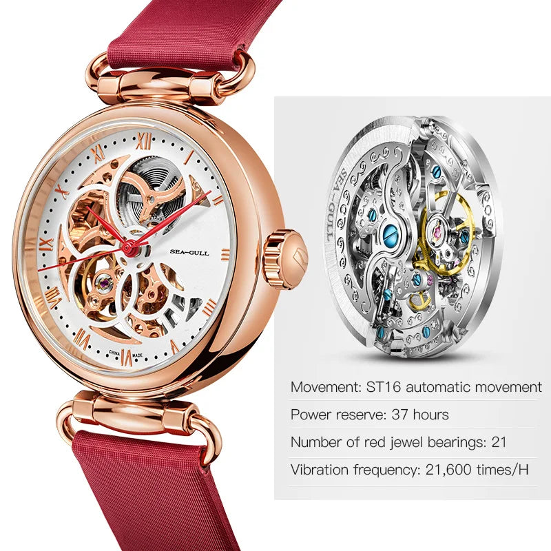 Fashion Women's Watch Leather Strap Waterproof Skeleton Automatic