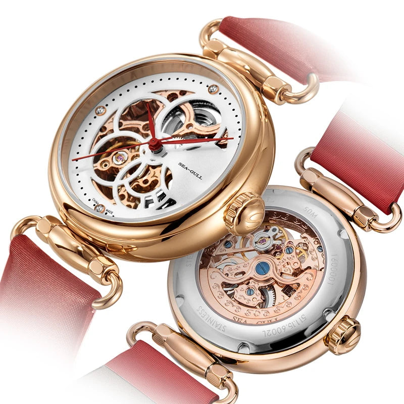 Fashion Women's Watch Leather Strap Waterproof Skeleton Automatic