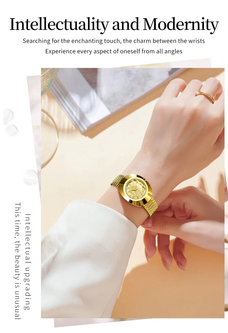 Golden Quartz Watch for Women Fashion Elegant Tungsten