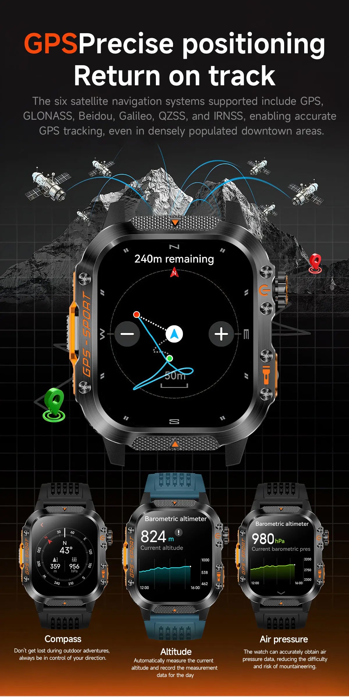 New Military Grade Outdoor GPS Smart Watches Men Compass